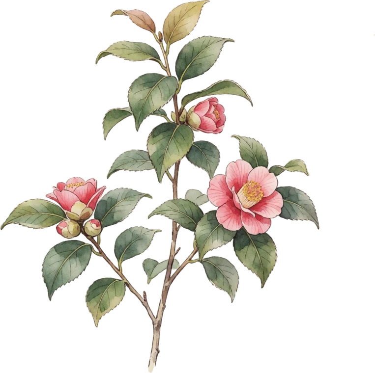 Botanical illustration of Camellia (Japonica)