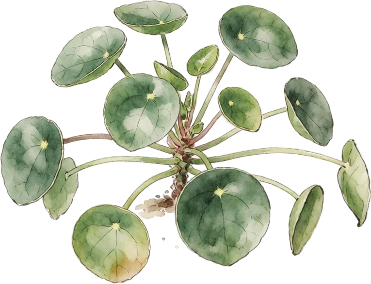 Botanical illustration of Pilea (Chinese Money Plant)