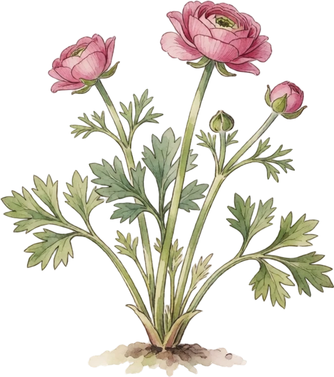 Botanical illustration of Ranunculus (Persian Buttercup)