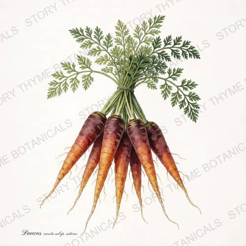 Purple Carrot — Roots & Alliums print on a white ground