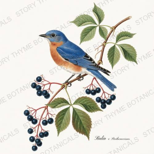 Bluebird Creeper — Songbirds & Branches Vol. 3 print on a white ground