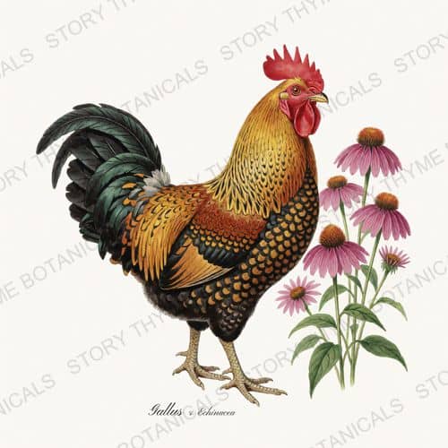 Rooster Coneflower — Wildflower Roosters print on a white ground