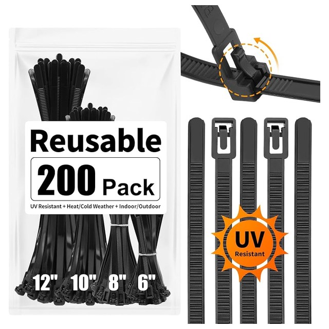 Reusable Zip Ties, 200-Pack