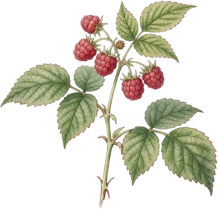 Botanical illustration of raspberry foliage and fruit