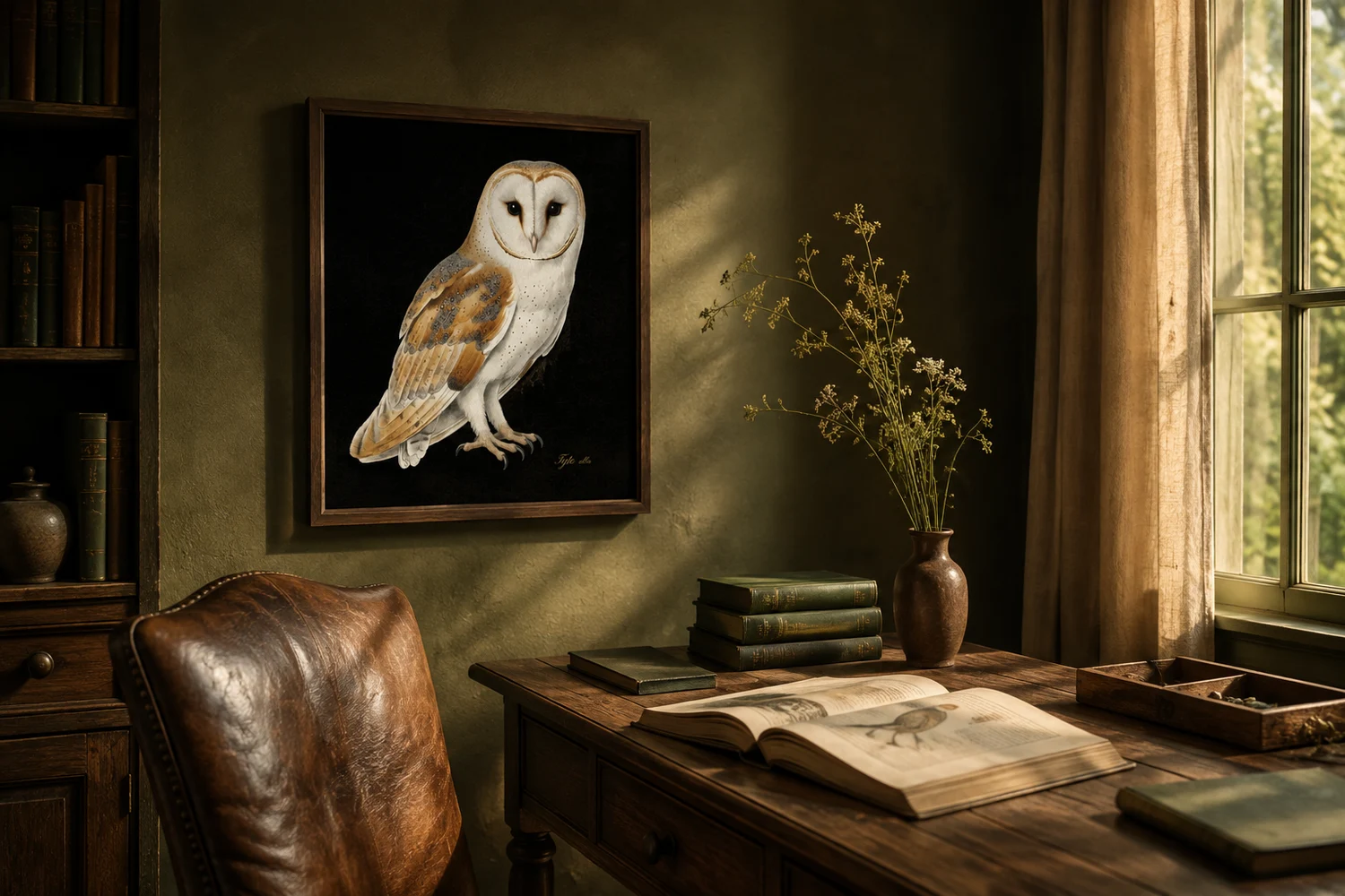 Barn Owl print styled in an olive reading room