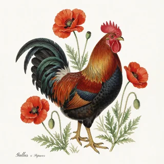 Rooster Poppies — a botanical print from the Cottage Garden Roosters Vol. 2 collection, on a white background