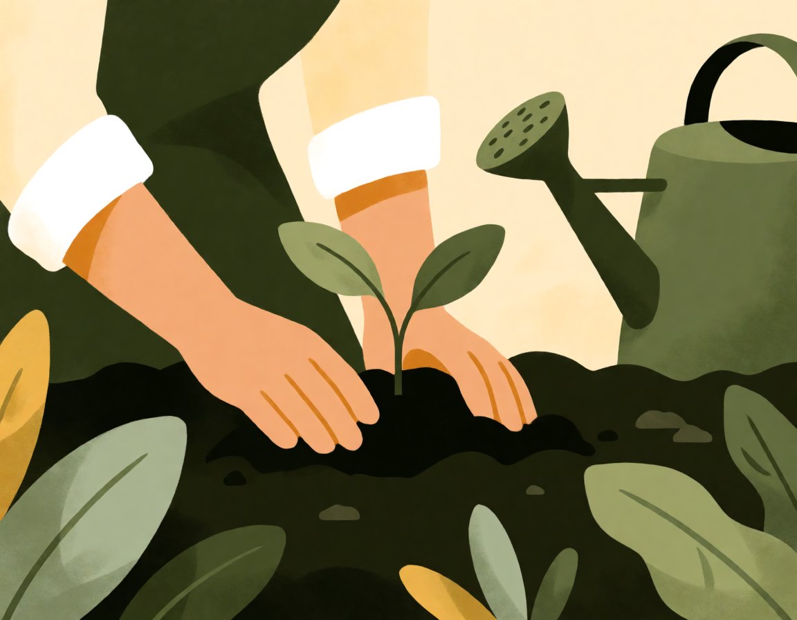 Illustration of hands planting a seedling in dark soil beside a watering can