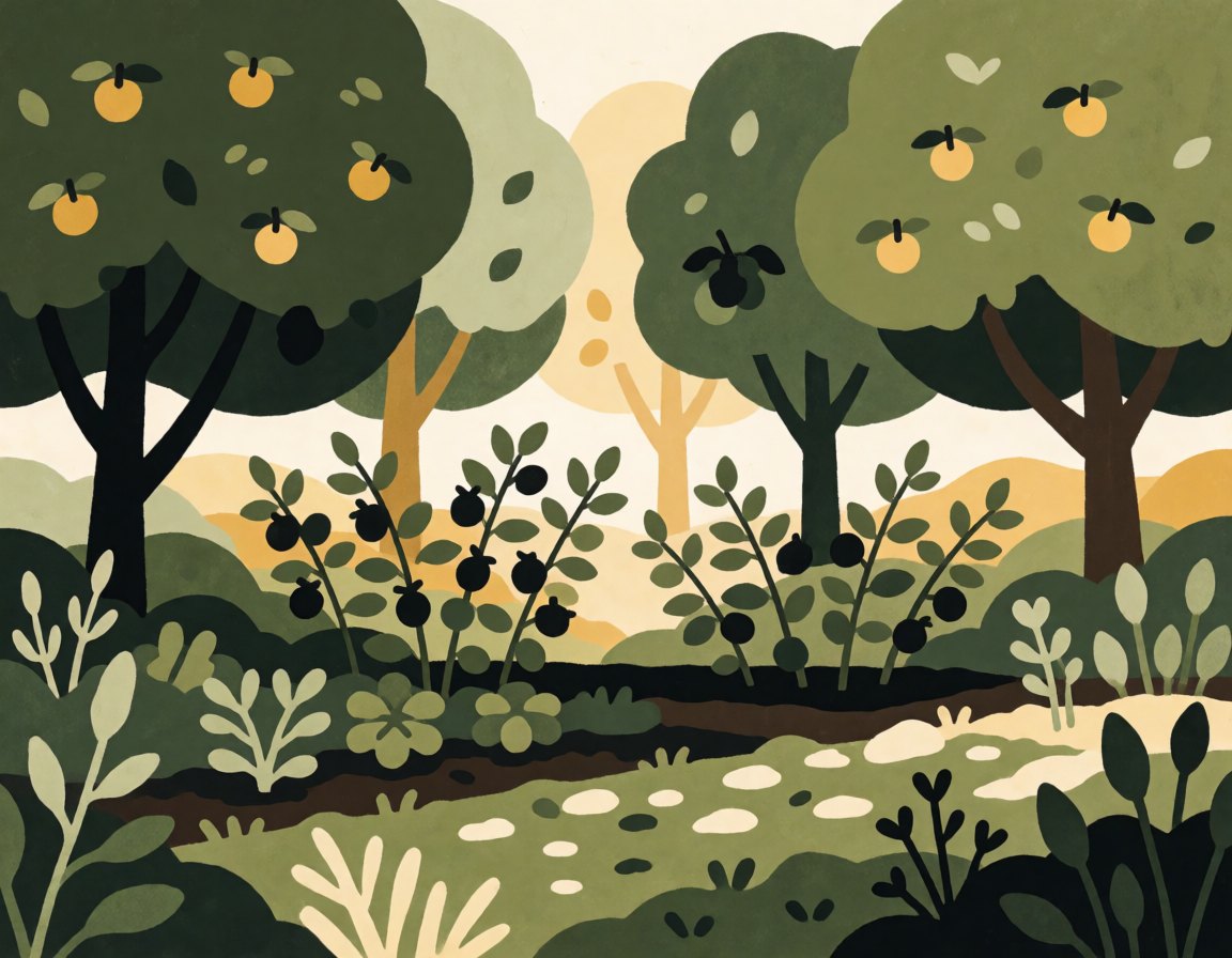 Illustration of a food forest with fruit trees, berry shrubs, and ground herbs
