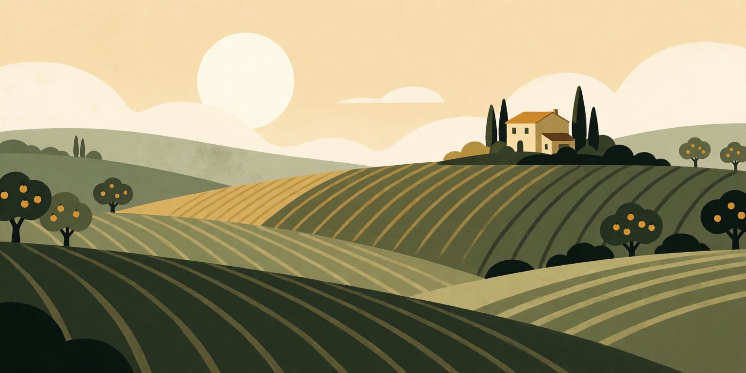 Illustration of rolling terraced farm fields with a farmhouse, fruit trees, and a warm sun