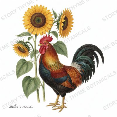 Watercolour art print of a rooster among sunflowers